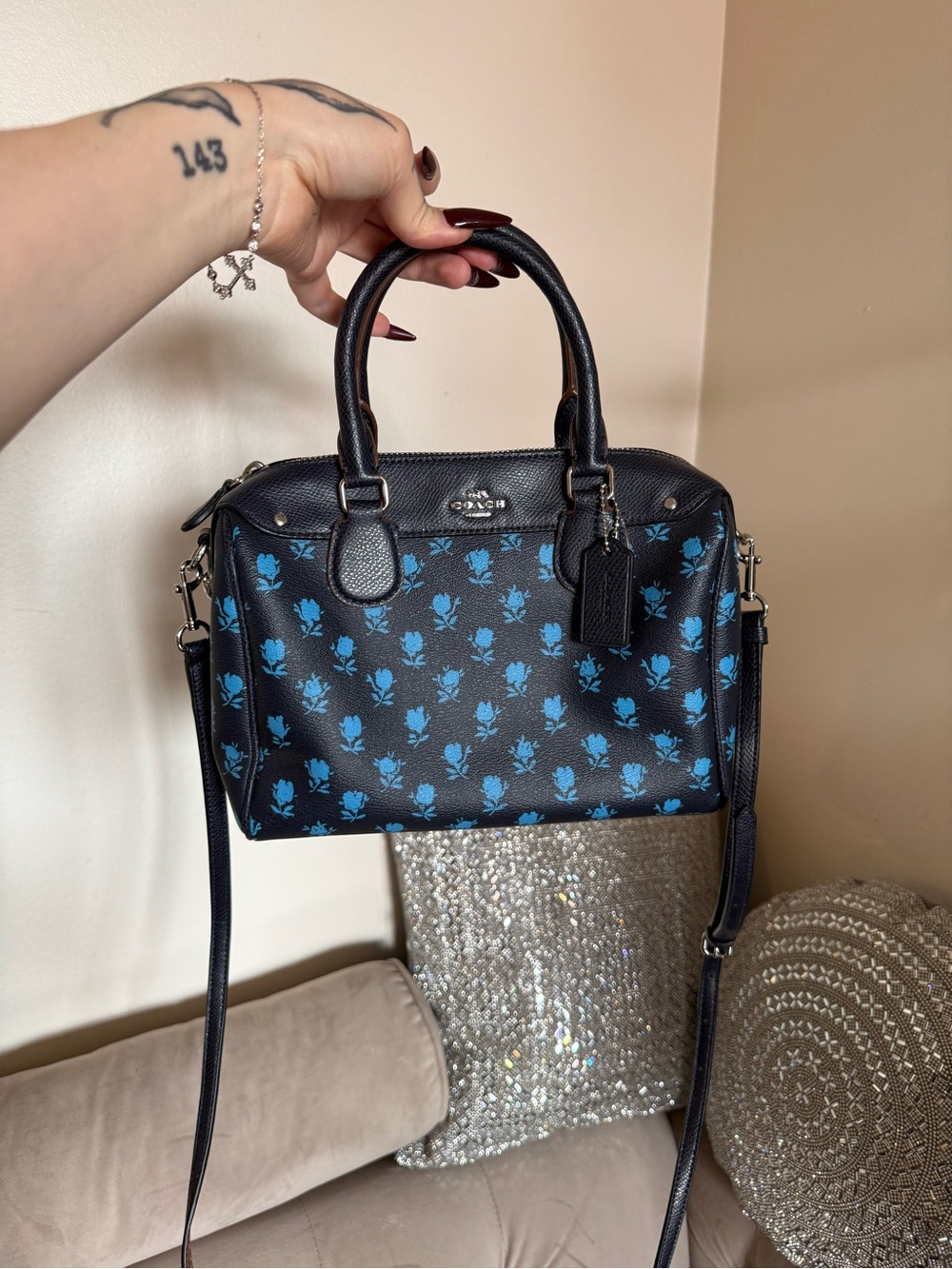 Coach Black Leather Satchel with Blue Floral Print